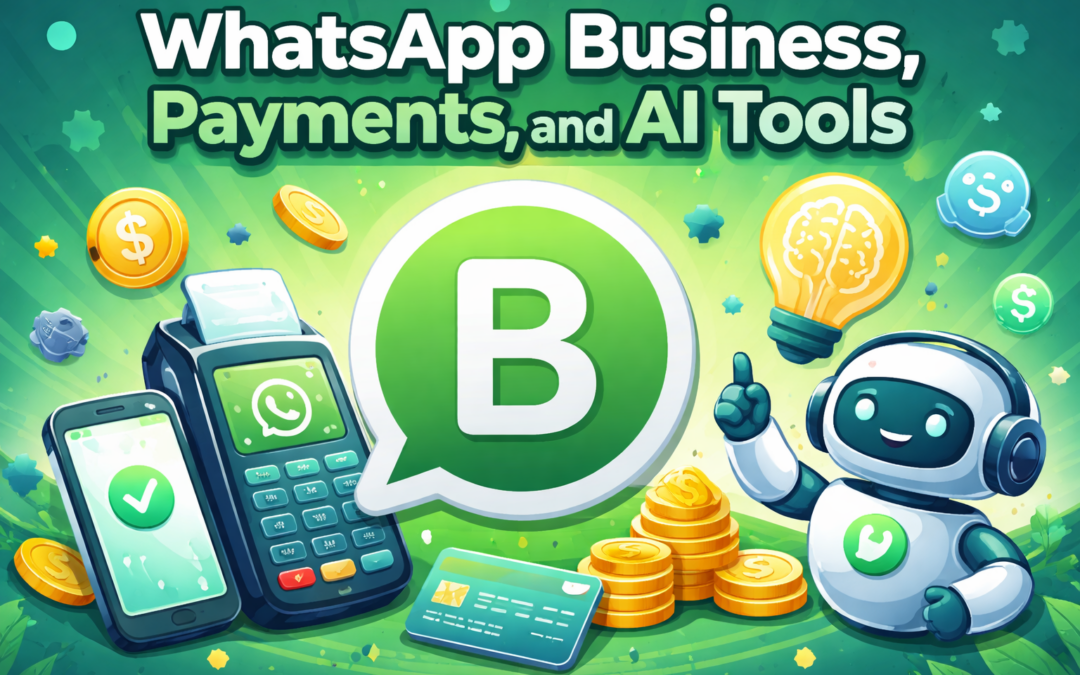 Illustration of WhatsApp Business with payment system, smartphone transactions, and AI chatbot tools for business automation