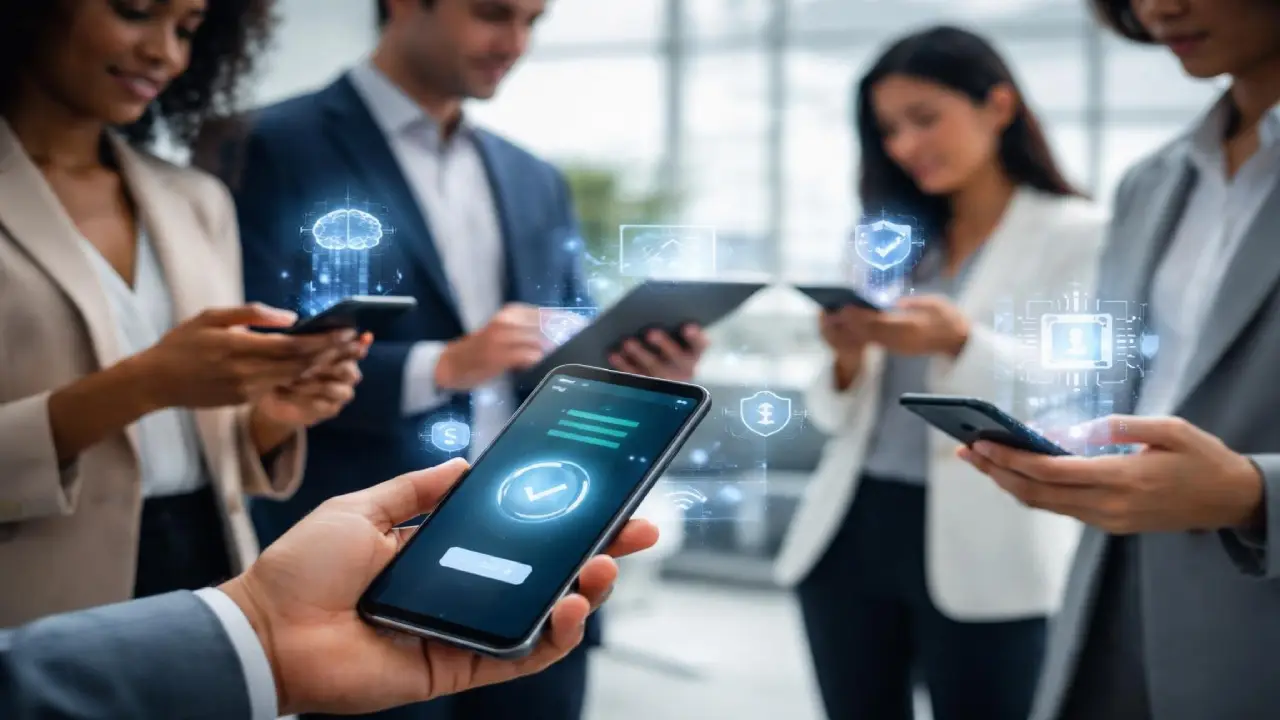 A group of professionals using smartphones and tablets, with a highlighted phone in the foreground showing a secure login checkmark and floating icons representing data, security, and connectivity.