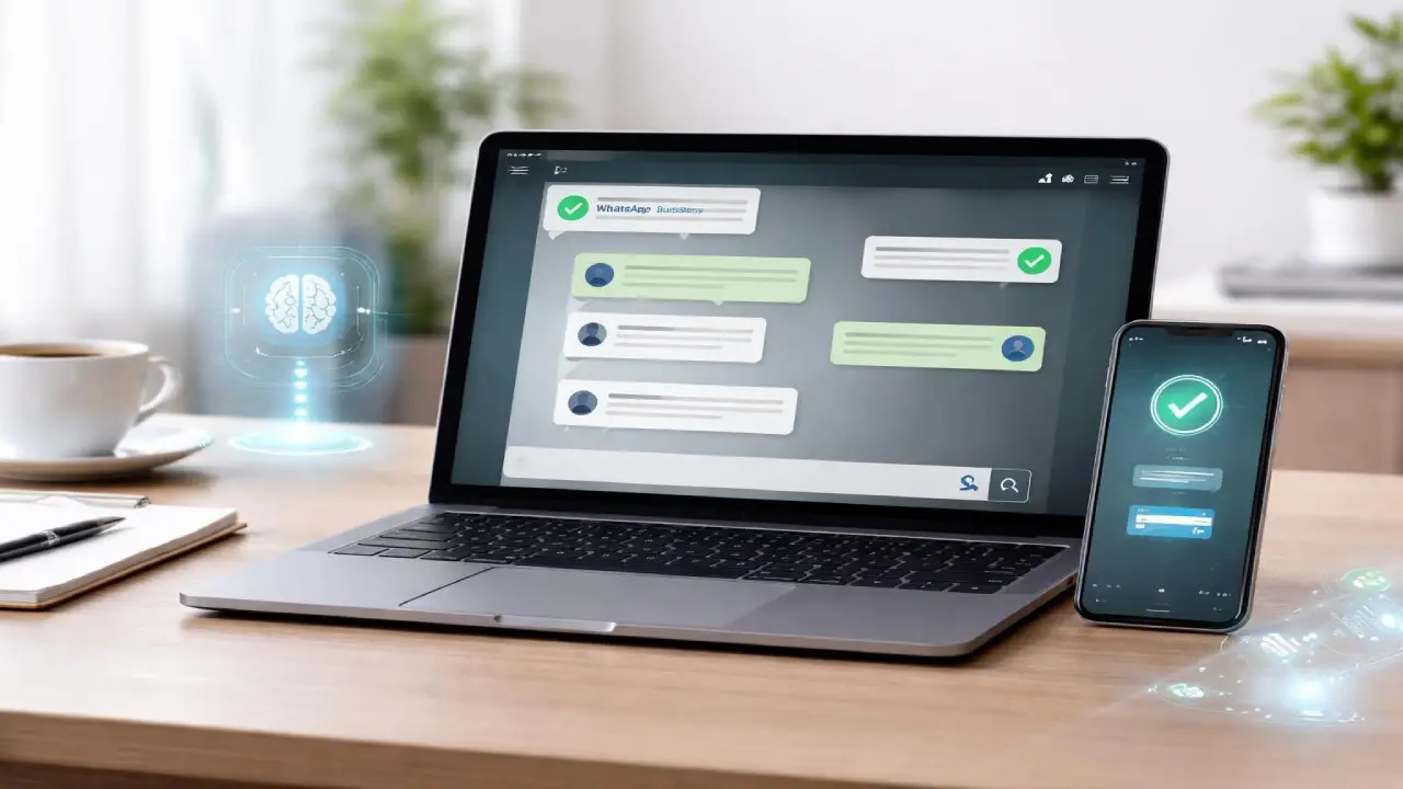 A laptop displaying a messaging interface with verified chat indicators sits next to a smartphone showing a successful login checkmark, with digital icons representing AI and security features.