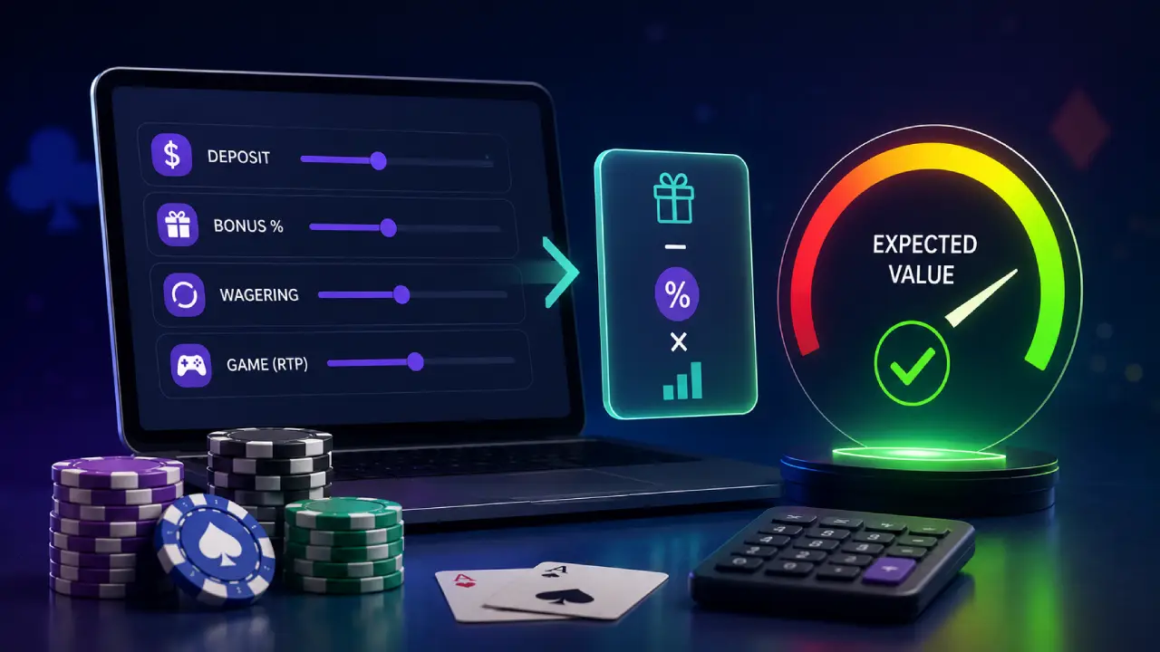 Casino bonus calculator using deposit, bonus percentage, wagering requirements, and game RTP to calculate expected value.