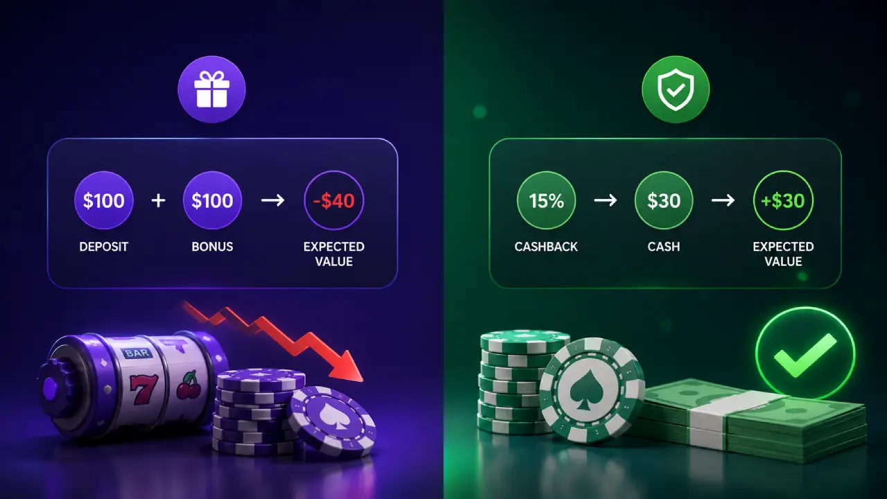 Comparison of a $100 casino welcome bonus with -$40 expected value and a 15% cashback bonus with +$30 expected value.
