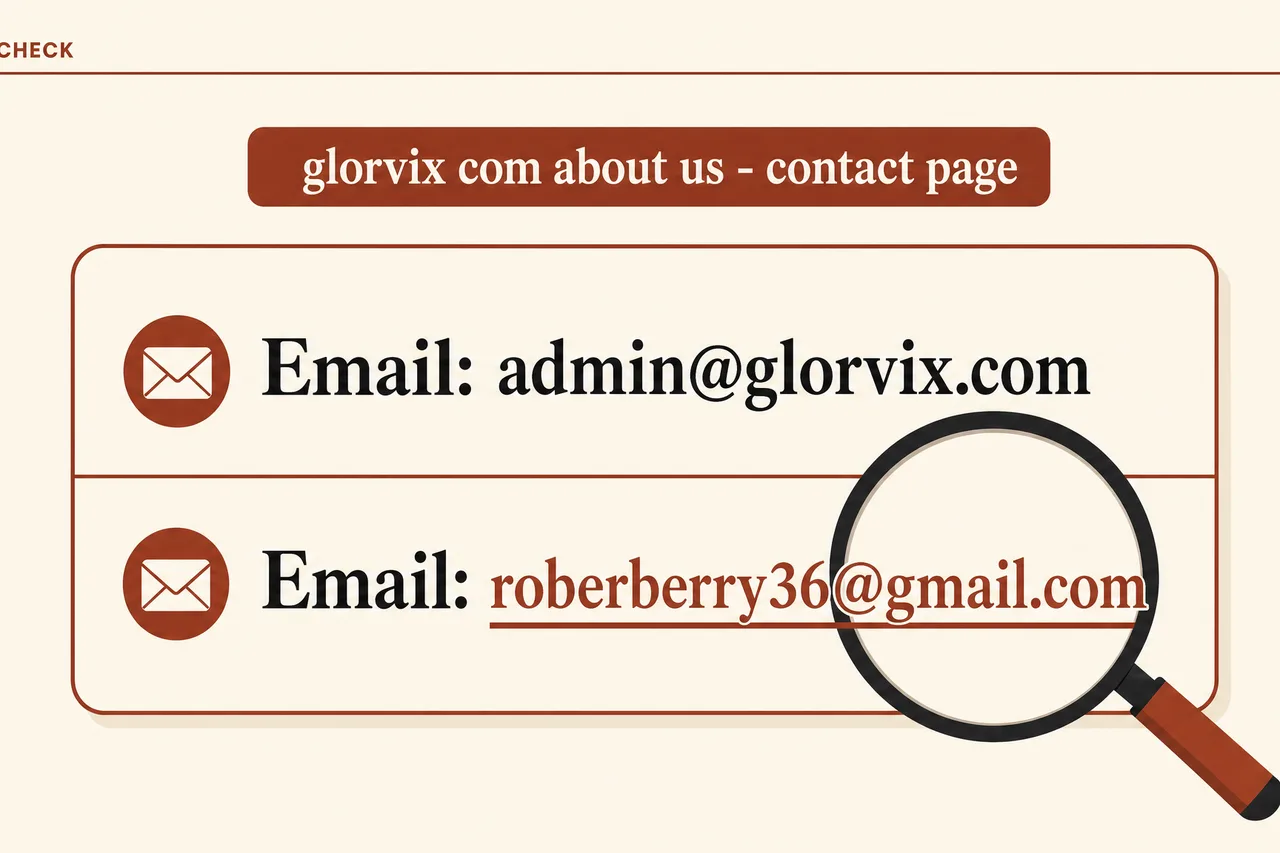 glorvix com about us contact page shows admin plus gmail address