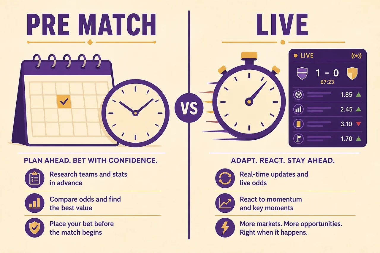Split-screen comparing pre-match and live sports betting styles